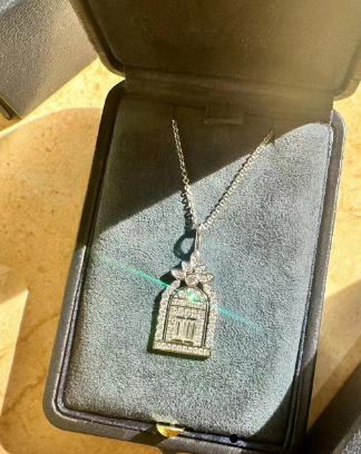 Art Deco Floral Arch Door Frame Full Pave Lab Created Diamond Pendant Necklace