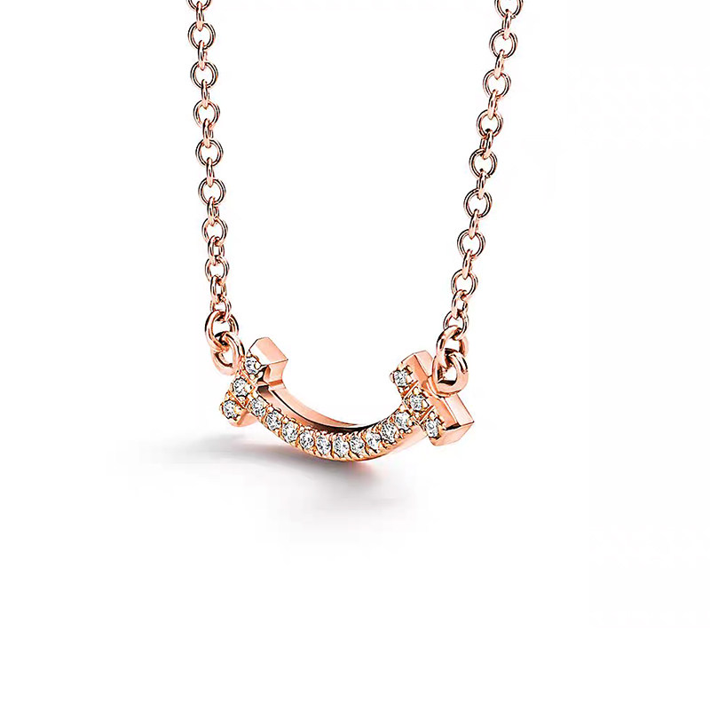 Classic Smile Pave Bar Man Made Diamond Rose Gold Necklace
