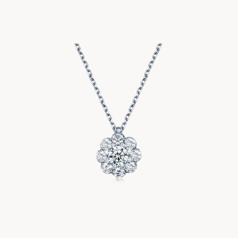 Solitaire Halo Floral Motif Round Cut Diamond Necklace in White Gold