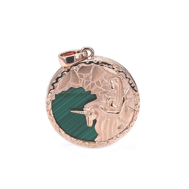 Rose Gold Carved Lady &amp; Unicorn Medallion Pendant with Natural Malachite Inlay front view