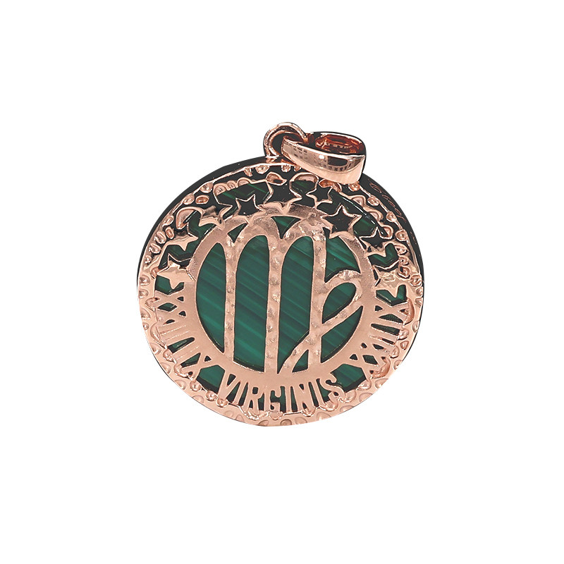 Rose Gold Carved Lady &amp; Unicorn Medallion Pendant with Natural Malachite Inlay backside