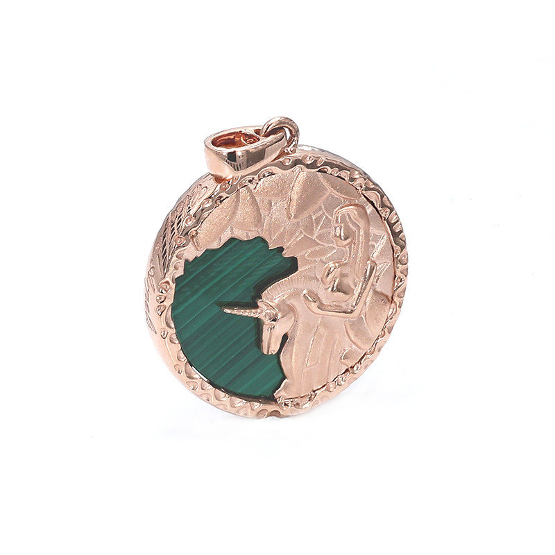 Rose Gold Carved Lady &amp; Unicorn Medallion Pendant with Natural Malachite Inlay close up