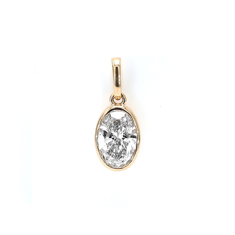 Solitaire Oval Cut Bezel Solid Gallery Yellow Gold Lab Created Diamond Pendant