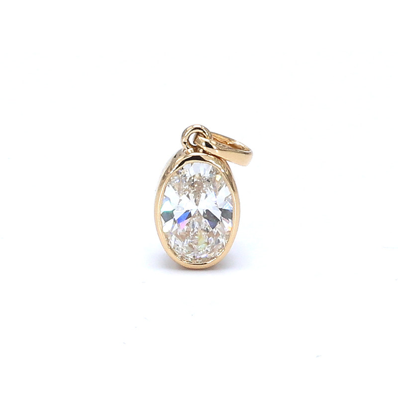 Solitaire Oval Cut Bezel Solid Gallery Yellow Gold Lab Created Diamond Pendant close up