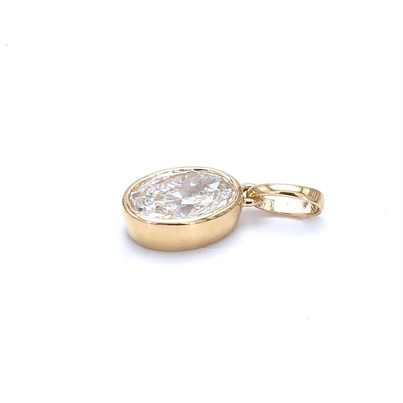 Solitaire Oval Cut Bezel Solid Gallery Yellow Gold Lab Created Diamond Pendant lay on table