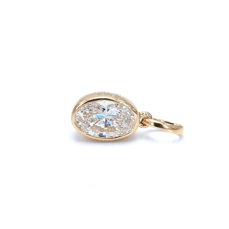 Solitaire Oval Cut Bezel Solid Gallery Yellow Gold Lab Created Diamond Pendant side view