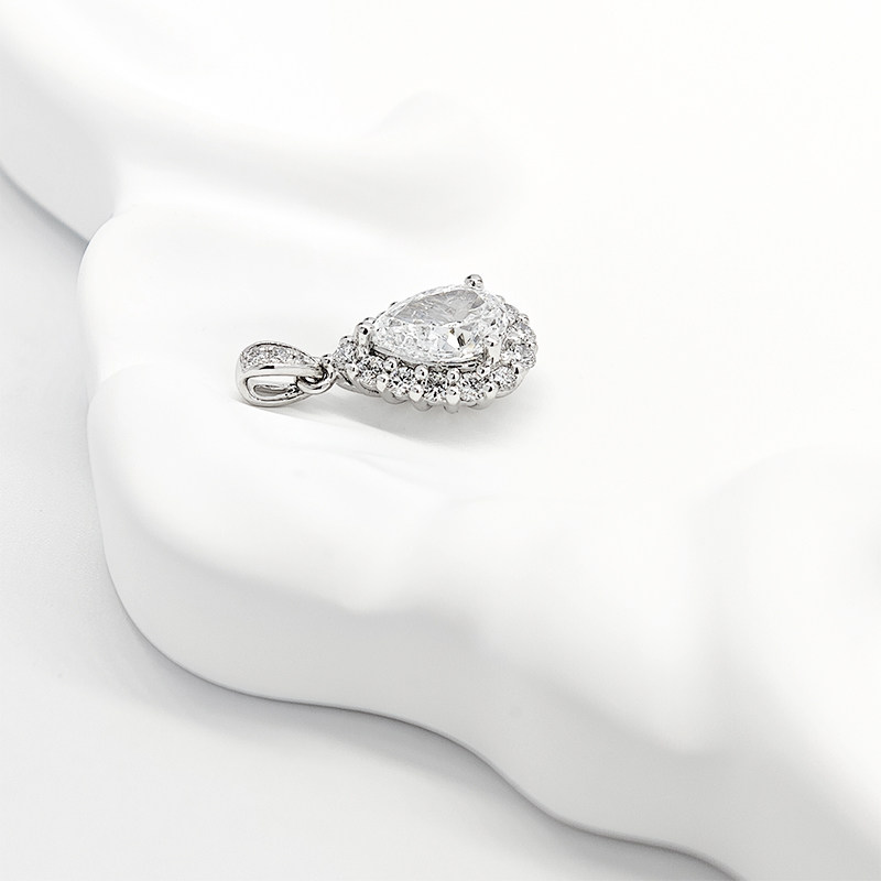 Polished Platinum Pear Cut Halo Pendant