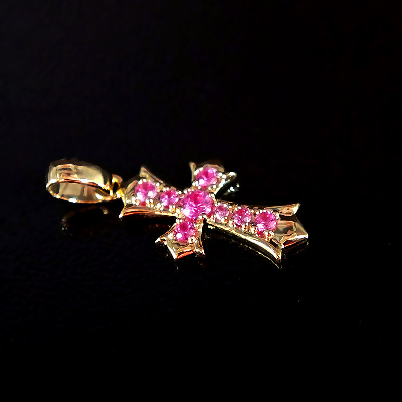 Art Deco Cross Motif Pave Pink Lab Grown Diamond Pendant lay on table