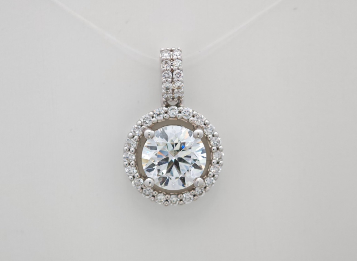 Double Row Pavé Halo Lab Grown Diamond Round Solitaire Pendant Charm