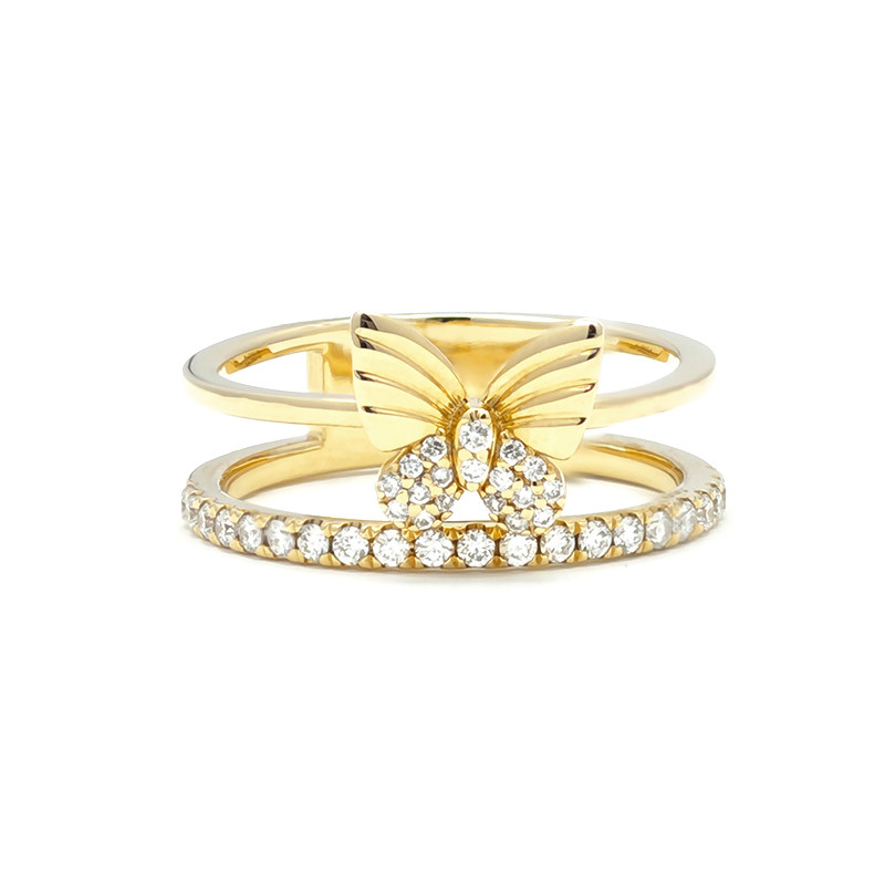 Dual-Band Butterfly Pavé Synthetic Diamond Yellow Gold Statement Ring