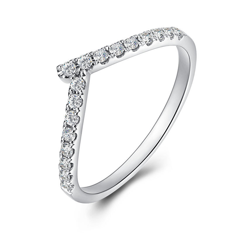 V-Shaped Curved Single-Row Pave Eternity Synthetic Diamond Wedding Ring in white gold