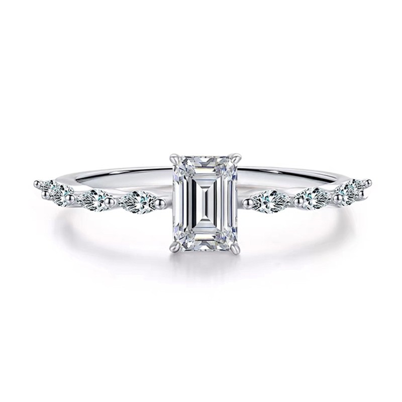 Emerald Cut Accent Marquise Pave Artificial Diamond Dainty Solitaire Engagement Ring