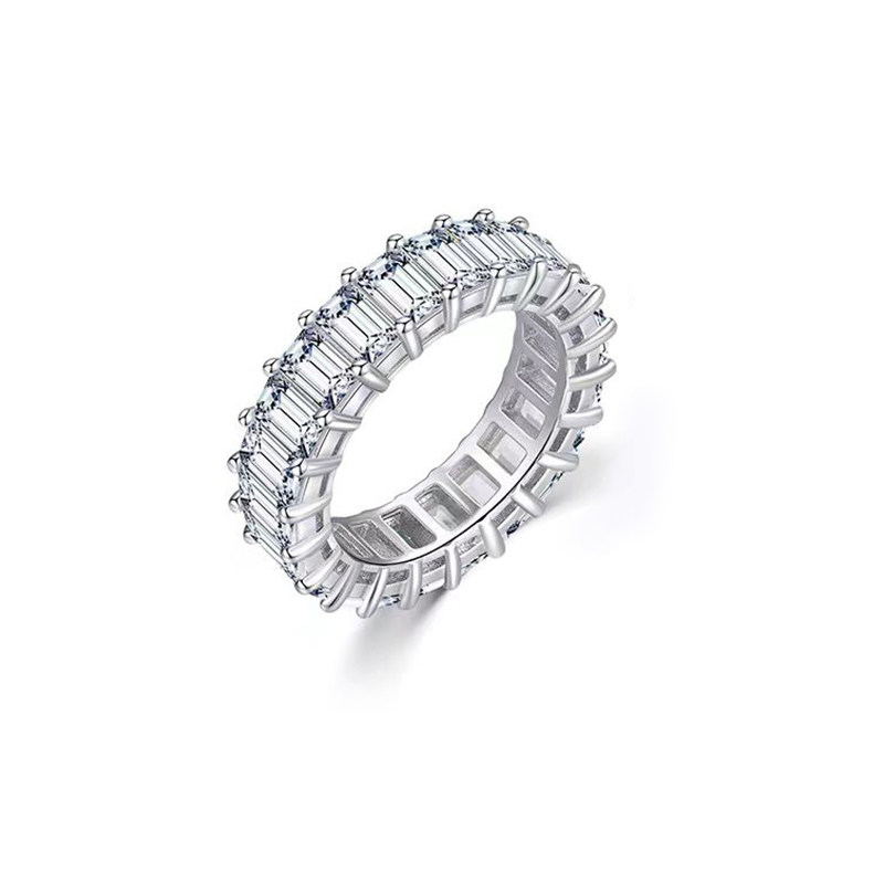 Continuous Pave Emerald Cut Shared Prong Man Made Diamond Eternity Ring