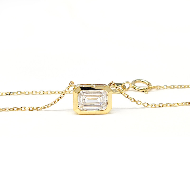 Solitaire Emerald Cut Bezel Horizontal Set Dual Layer Open Gallery Pendant Necklace