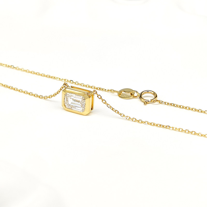 Solitaire Emerald Cut Bezel Horizontal Set Dual Layer Open Gallery Pendant Necklace blank background img
