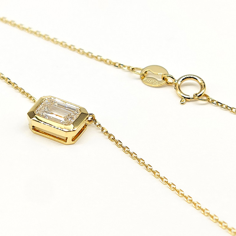 Solitaire Emerald Cut Bezel Horizontal Set Dual Layer Open Gallery Pendant Necklace close-up
