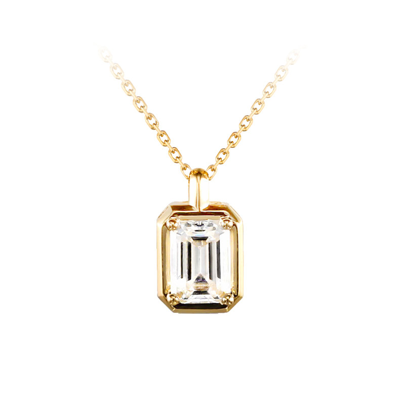 Solitaire Emerald Cut 4 Prong & Bezel Set Pendant Yellow Gold Necklace