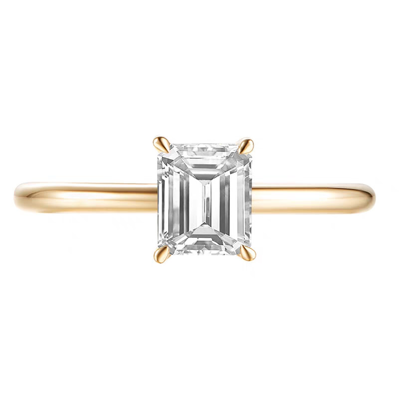 Classic 4 Prong Elerald Cut Man Made Diamond Ring With Plain Round Band