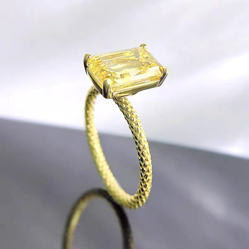 Four Prong Emerald Cut Solitaire Yellow Lab Diamond Ring With Rope Texture Band