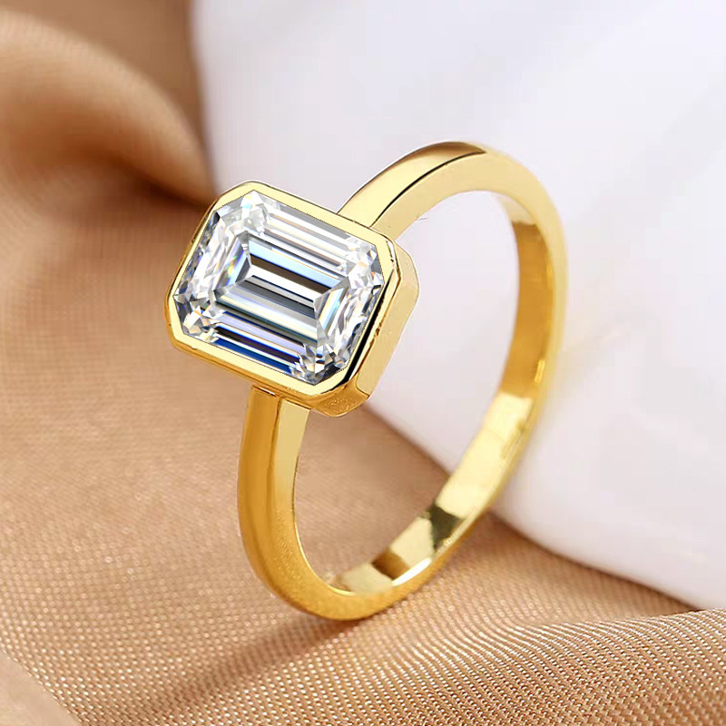Solitaire Emerald Cut Bezel Setting Low Profile Diamond Ring With Polished Band
