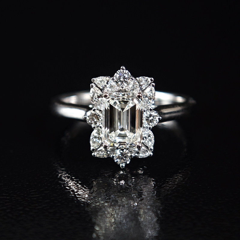 Emerald Cut Floral Halo White Gold Lab Grown Diamond Vintage Inspired Ring