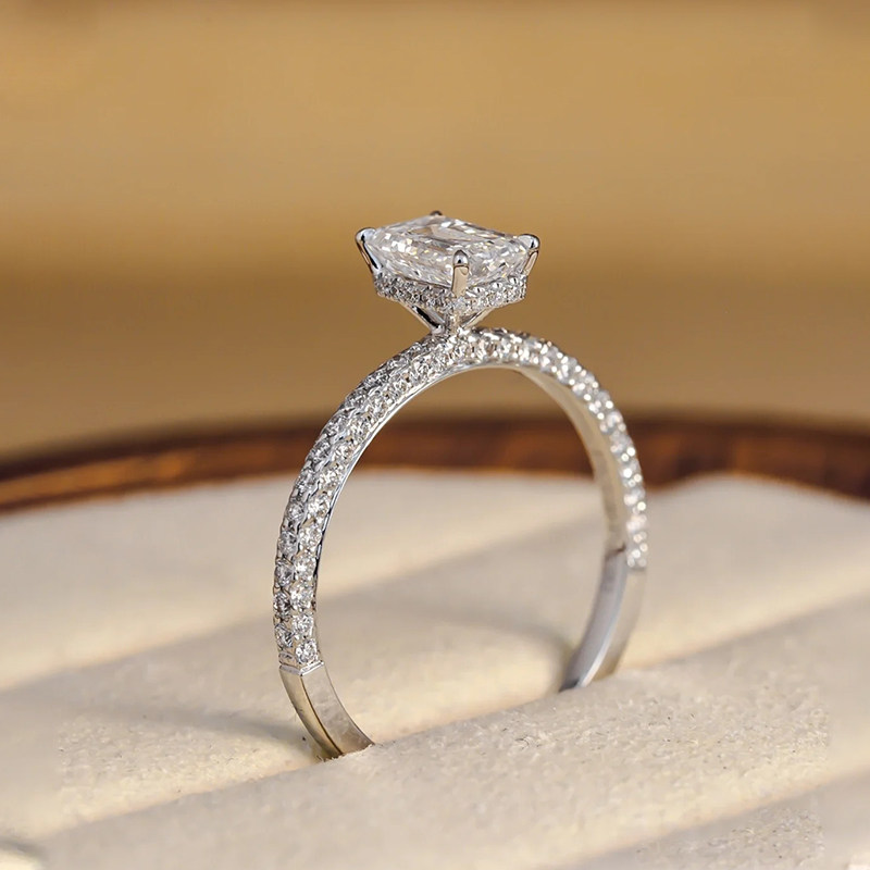 Emerald Cut Four Prong Hidden Halo Diamond Ring With 3 Sides Half Pave Band in box