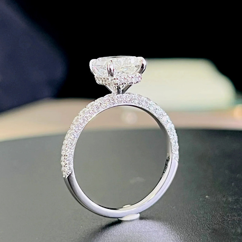 Emerald Cut Four Prong Hidden Halo Diamond Ring With 3 Sides Half Pave Band in white gold