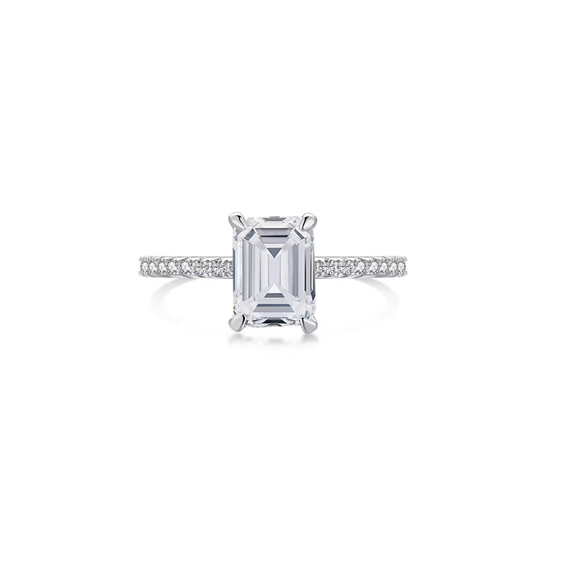 Emerald Cut Solitaire Diamond Ring With Single Row Pave Band in White Gold