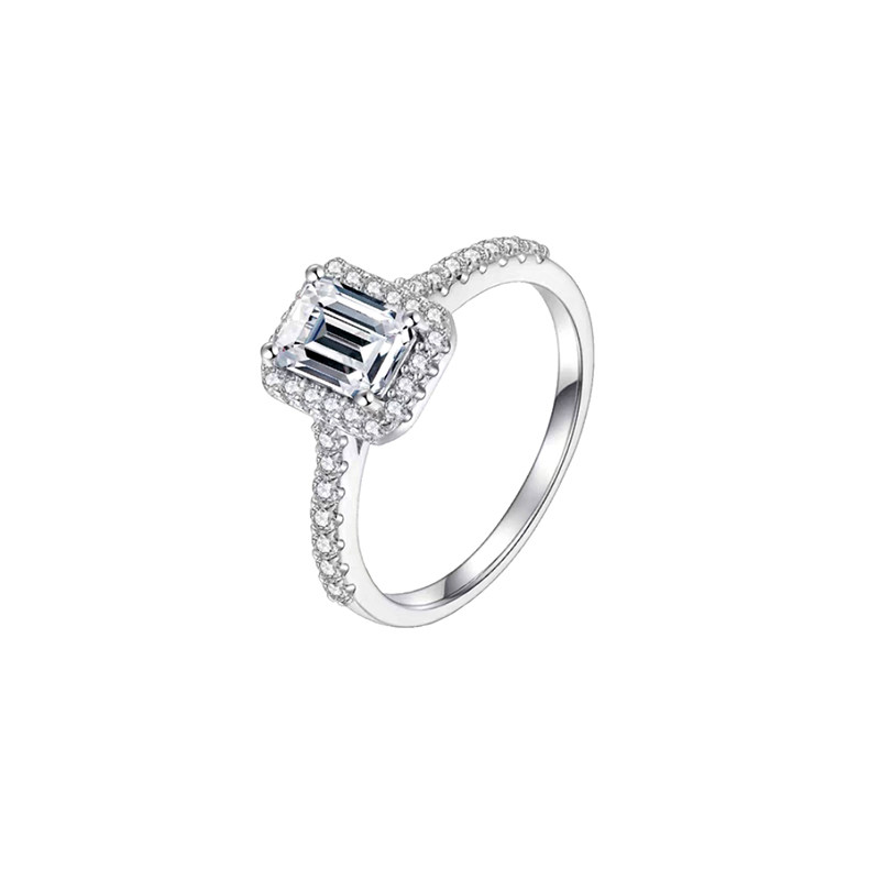 Emerald Cut Halo Diamond Ring with Half Eternity Band