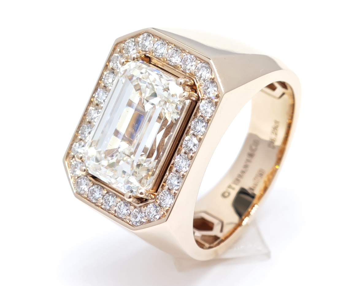 Emerald Cut Halo Rose Gold Artificial Diamond Wide Signet Style Men's Luxury Statement Ring