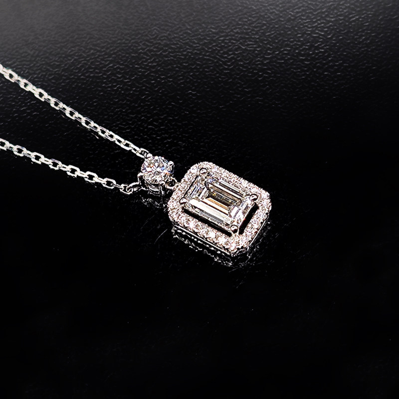 Solitaire 4 Prong Emerald Cut Open Spacing Halo Diamond Necklace