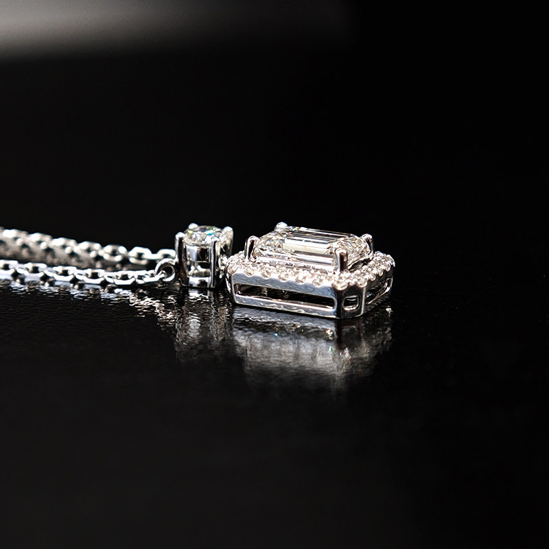 Solitaire 4 Prong Emerald Cut Open Spacing Halo Diamond Necklace with open gallery