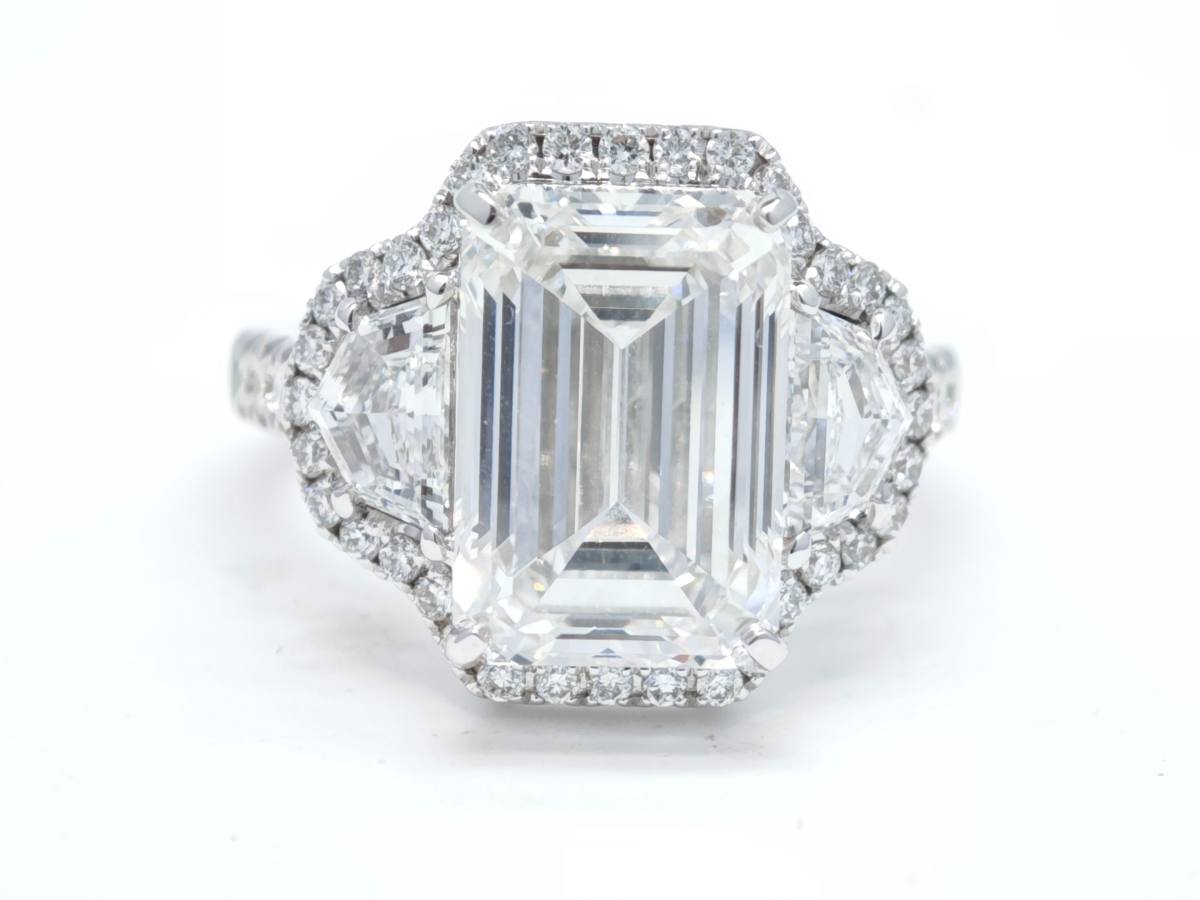 Emerald Cut Three Stone Halo White Gold Man Made Diamond Art Deco Engagement Ring
