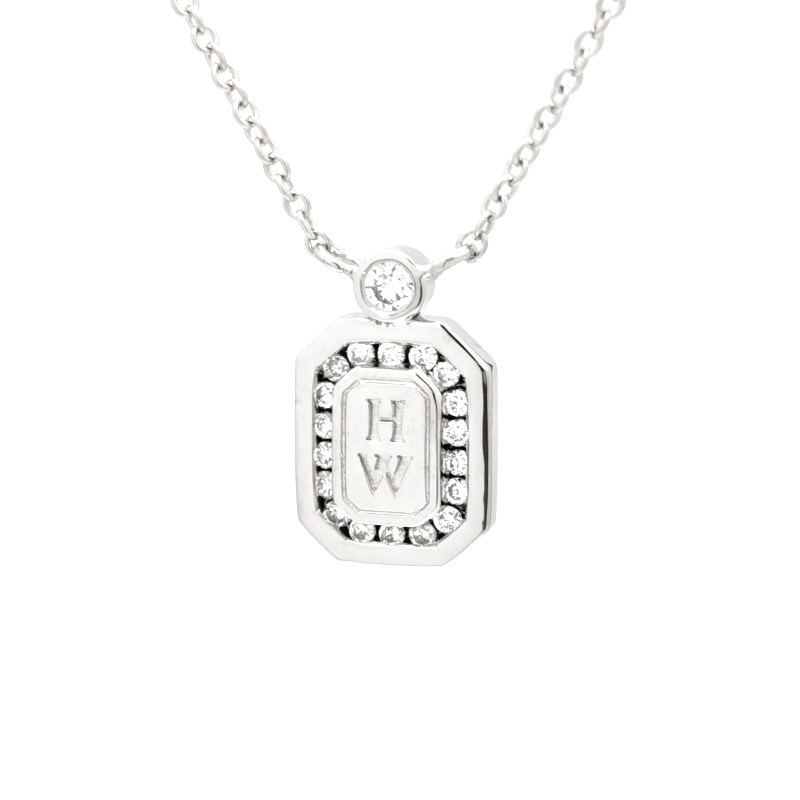 Engraved Initial Halo Pavé Man Made Diamond Octagonal Tag Pendant Necklace