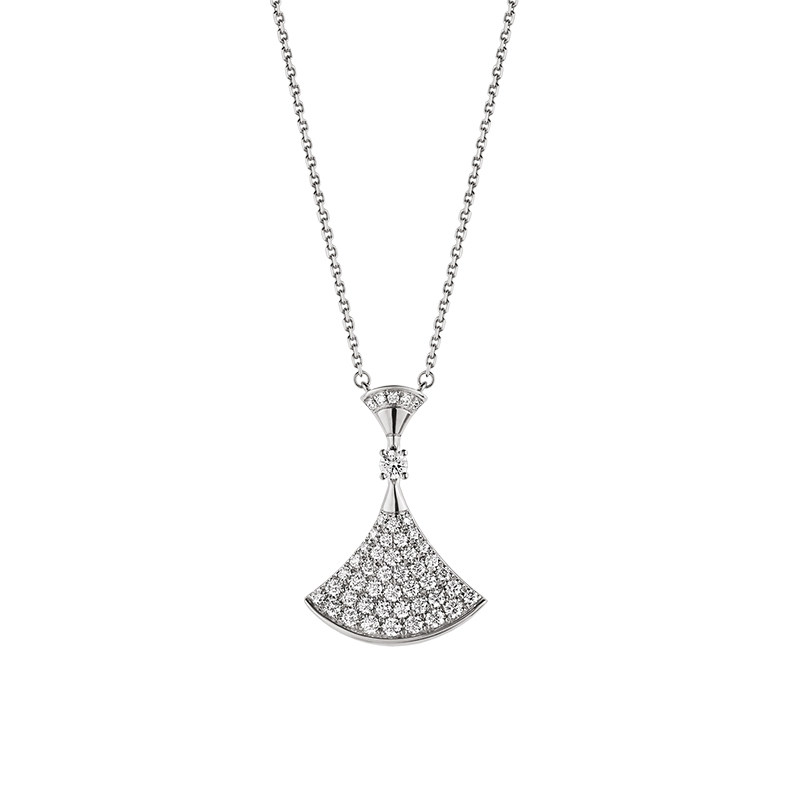 Art Deco Handled Fan Full Pave Round Lab Diamond white Gold Necklace
