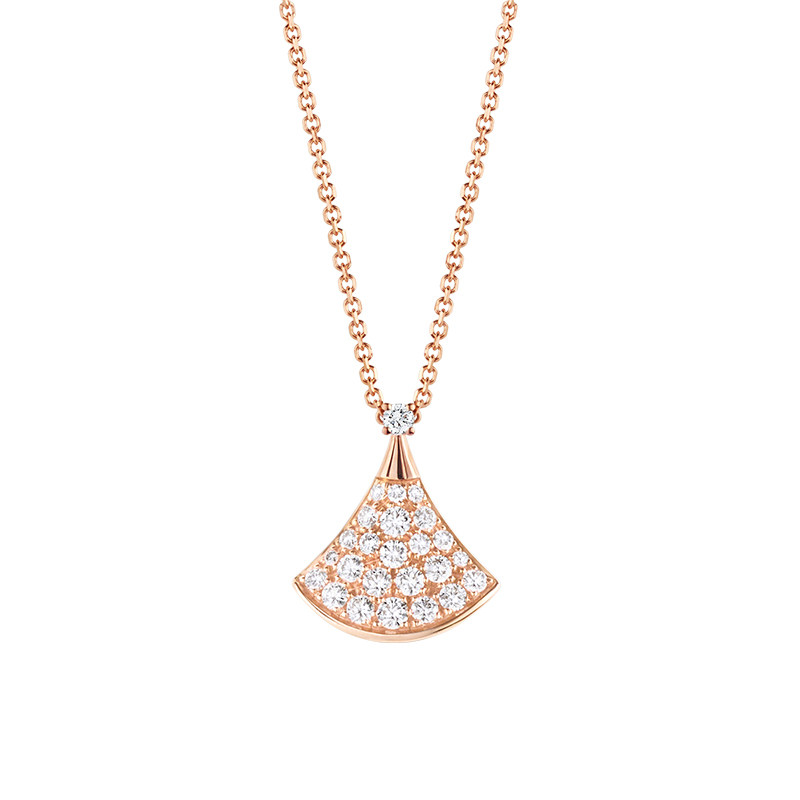 Art Deco Full Pave Fan Motif Round Lab Diamond Rose Gold Necklace