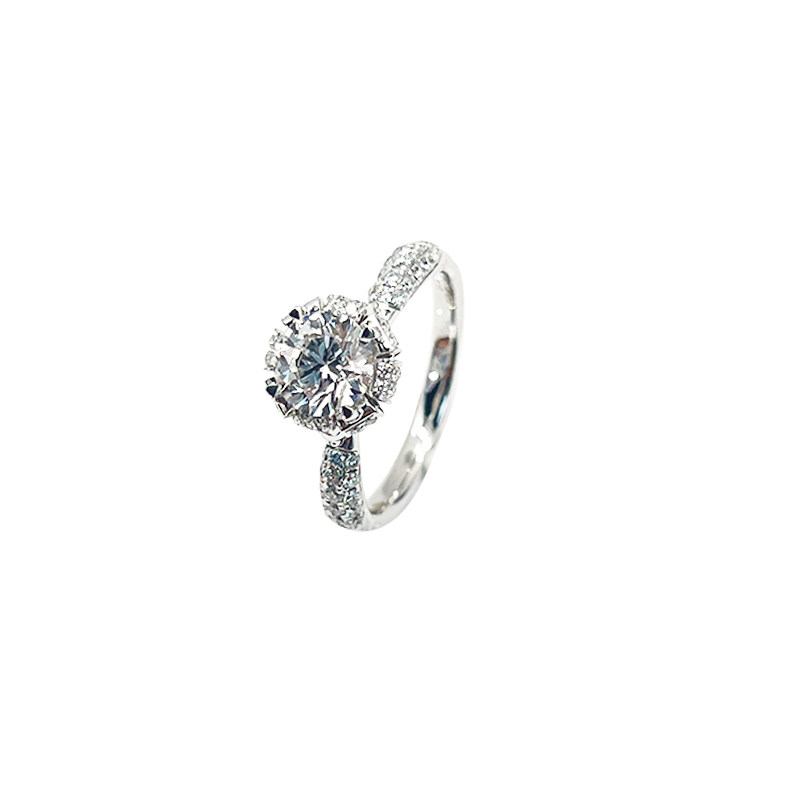 Bud Head Solitaire Round Cut Engagement Ring With Half Eternity Shank front view
