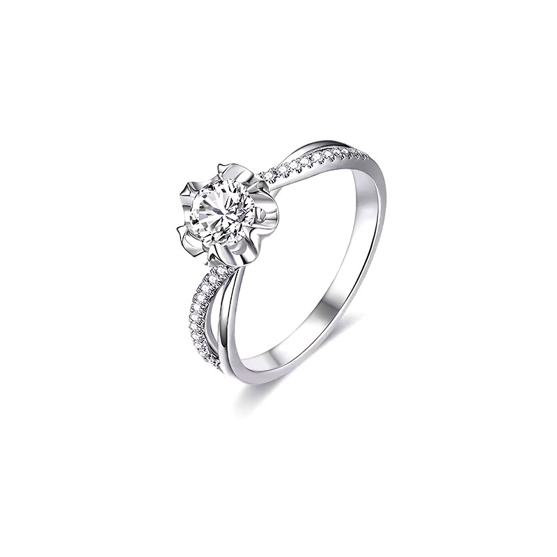 Floral Head Solitaire Diamond Ring With Single Row Half Pave Split Bypass Shank in blank background image