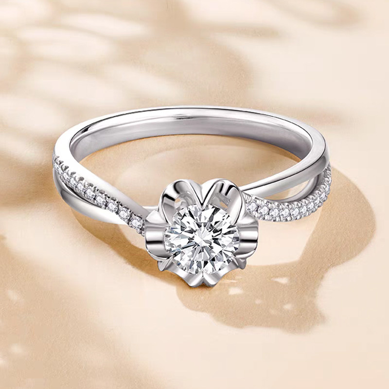 Floral Head Solitaire Diamond Ring With Single Row Half Pave Split Bypass Shank details