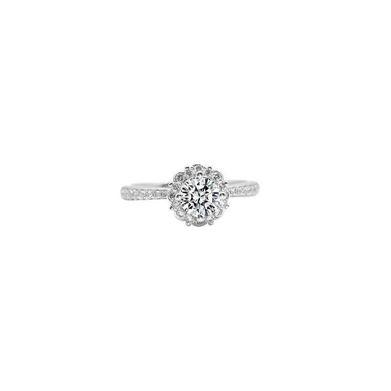FLoral Head 4 Prong Round Cut Stone Halo Engagement Ring With Tapered Half Pave Shank