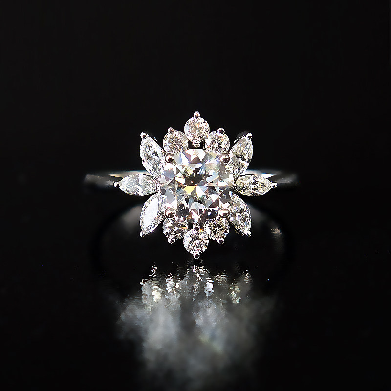Round Center Stone Floral Motif Side Accents Diamond Ring With Plain Band