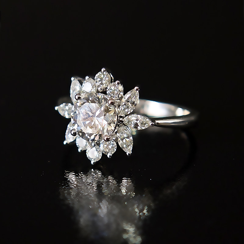 Round Center Stone Floral Motif Side Accents Diamond Ring With Plain Band — lab grown diamond jewellery