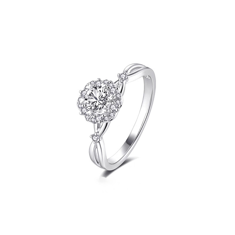 Hexagon Head Round Cut Halo Lab Cultured Diamond Ring With Crisscross Shoulder