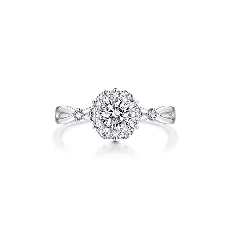 Hexagon Head Round Cut Halo Lab Cultured Diamond Ring With Crisscross Shoulder front view