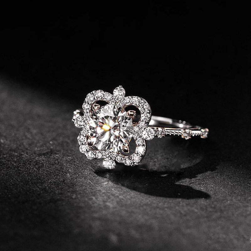 Round Cut Main Stone Hollow Floral Halo Diamond Ring With Accent Shoulder Band