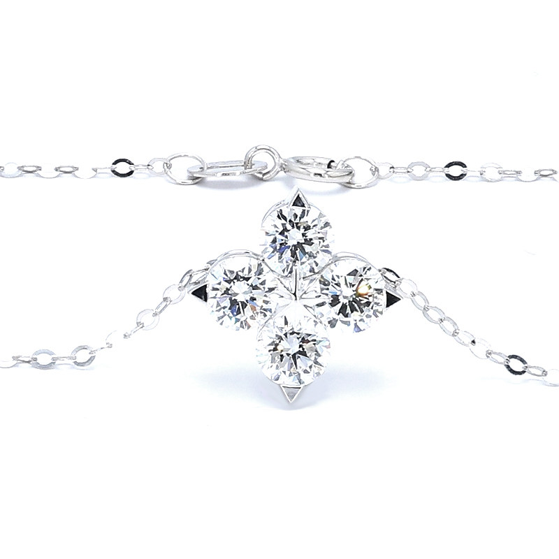 Four-Leaf Clover Motif 4 Stone Pendant White Gold Necklace close-up