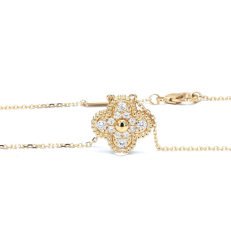 Milgrain Bezel Four-Leaf Clover Motif Pave Diamond Pendant Yellow Gold Necklace