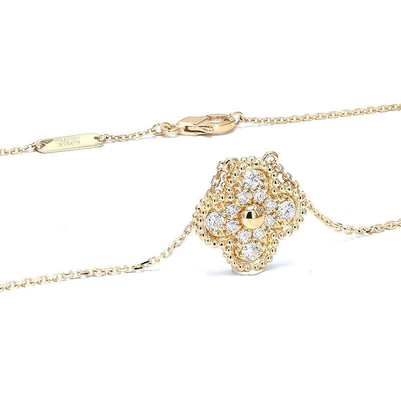 Milgrain Bezel Four-Leaf Clover Motif Pave Diamond Pendant Yellow Gold Necklace with lobster clasp