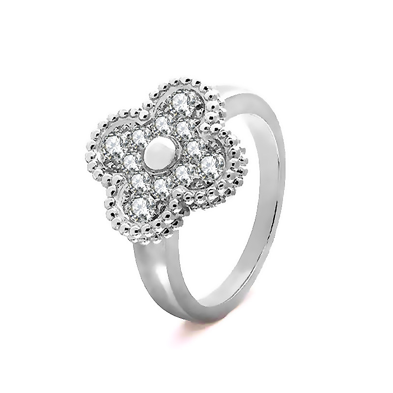 Four-Leaf Clover Head Pave Lab Diamond Ring With Plain Flat White Gold Shank