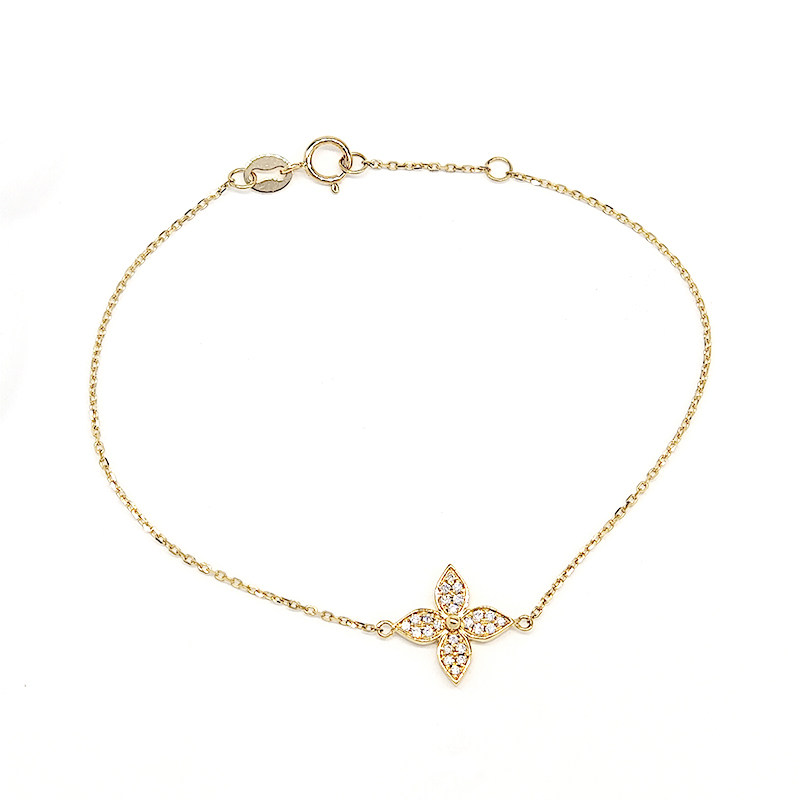 Yellow Gold Pave Set 4-Petal Star Lab Grown Diamond Dainty Bracelet